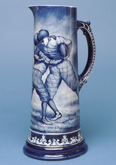 Large Belleek jug with rugby scene (ceramic) by Irish School