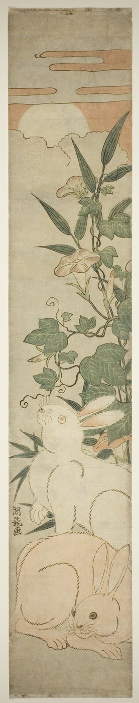 Morning-Glories, Rabbits, and Moon by Isoda Koryusai