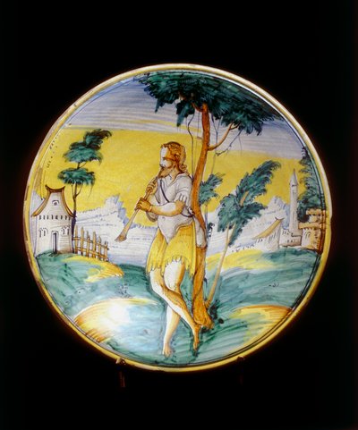 Flute Playing Shepherd by Montelupo Manufacture by Italian School