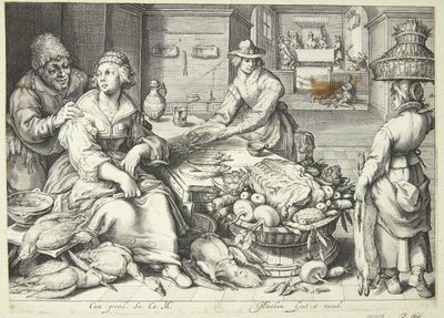 Kitchen Scene with a Kitchen Maid Plucking Poultry by Jacob Matham