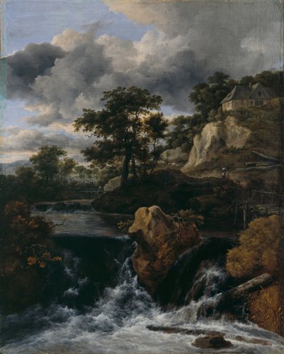 Hilly landscape with a waterfall by Jacob van Ruisdael