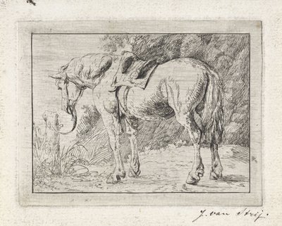 Saddled Horse Tied to a Post by Jacob van Strij