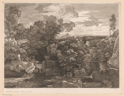 River Landscape with Cascades and Some Monks by Jacques Prou