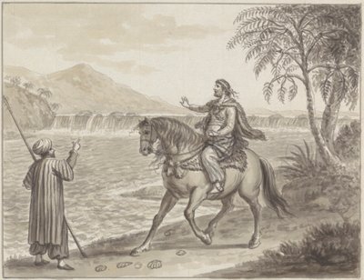 Horseman Approaching Traveller Beside River by James Bruce