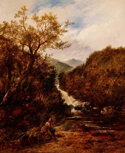 Angler by a Wooded Waterfall by James Charles Ward