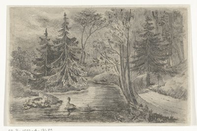 Forest Path by a Pond with Ducks by Jan Bos Wz.