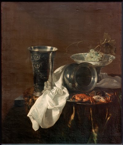 Banquet Still Life with a Silver Cup, Overturned Jug by Jan Jansz. Treck