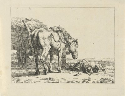 Horse and Dog by a Hay Wagon by Jan Kobell (II)