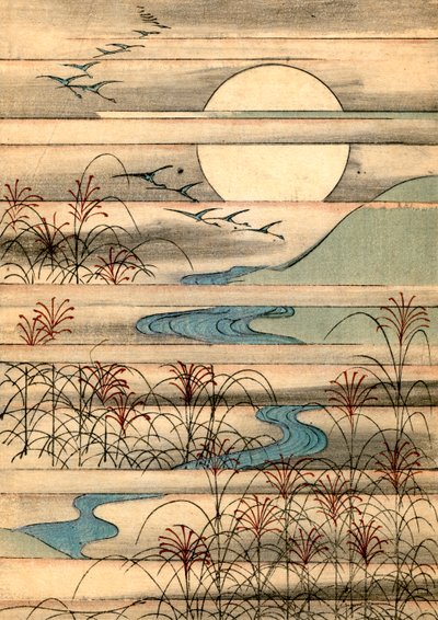 Full Moon Over a River Landscape by Japanese School