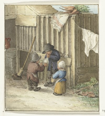 Three Children Playing with a Pig