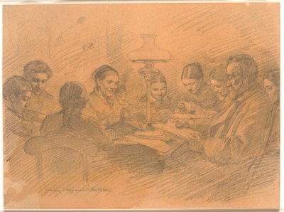 The Johan Lange Family Gathered Around the Lamp by Joakim Frederik Skovgaard