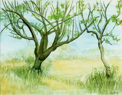 Early Spring Landscape, with Two Trees by Joan Thewsey