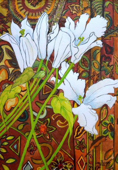 Lilies Against a Patterned Fabric by Joan Thewsey