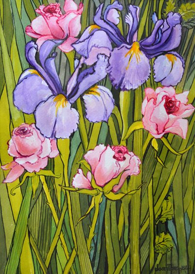 Roses and Irises in the Garden, 2003 by Joan Thewsey