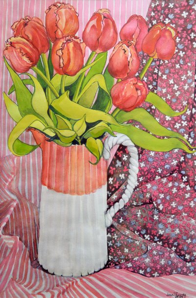 Tulips in a Pink and White Jug by Joan Thewsey