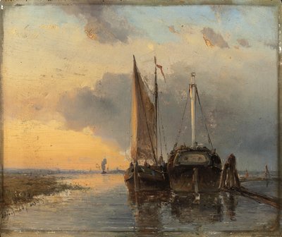 Harbour on a Dutch river, 1843 by Johan Barthold Jongkind