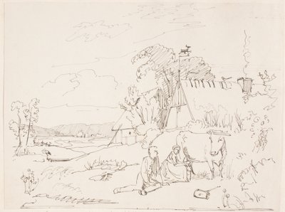 A Milking Scene, Pasted on Page 14 by Johan Thomas Lundbye