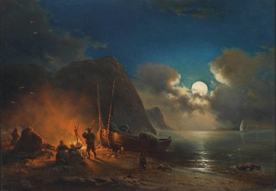 Romantic Campfire in Moonlight by Johann Anton Castell