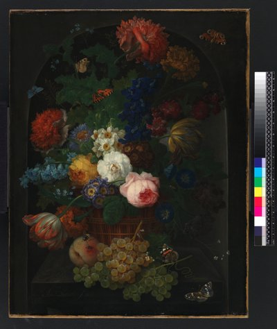 A Basket of Flowers with Fruit by Johann Baptist Drechsler