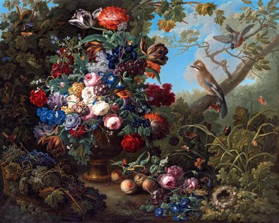 Large Flower Still Life with Birds by Johann Baptist Drechsler