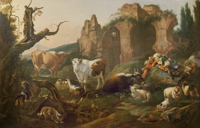 Farm animals in a landscape, 1685 by Johann Heinrich Roos