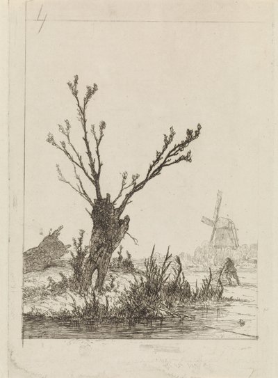 Skater with Sled by a Pollard Willow by Johannes Franciscus Hoppenbrouwers