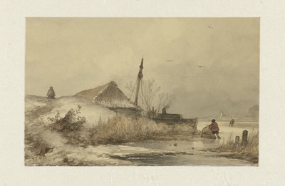 Winter landscape with farm by a ditch by Johannes Franciscus Hoppenbrouwers