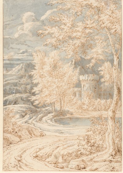 Arcadian Mountain Landscape with a Round Tower by Johannes Glauber