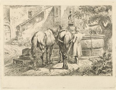 Drinking Horses at a Fountain by Johannes Mock