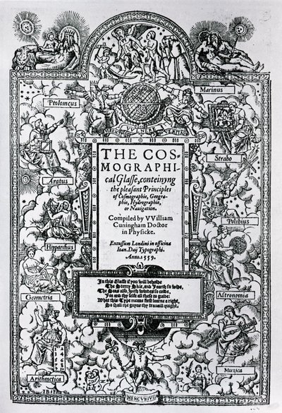 Titlepage of The Cosmographical Glass, 1559 by John Bettes