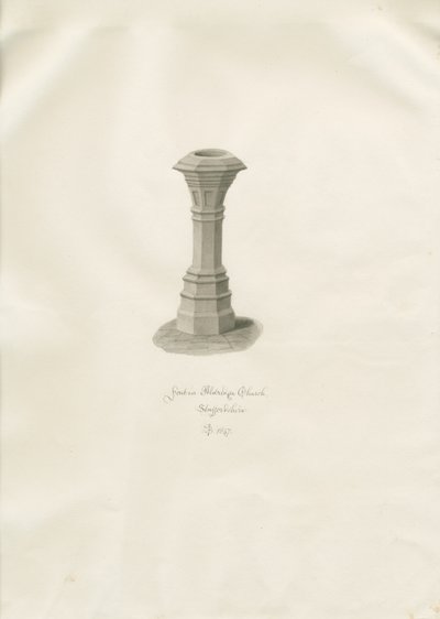 Font in Aldridge Church: Sepia Drawing by John Buckler