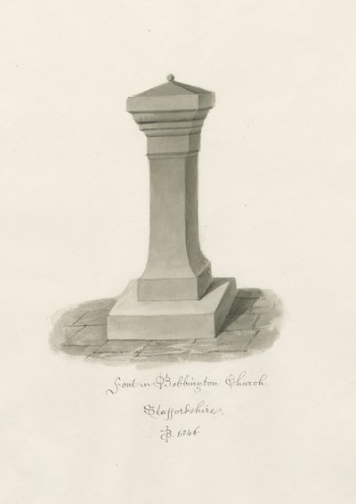 Font in Bobbington Church: Sepia Drawing by John Buckler