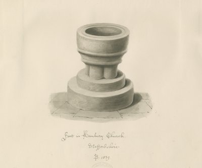 Font in Hanbury Church: sepia drawing by John Buckler