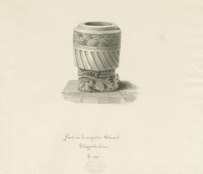 Font in Longdon Church: sepia drawing by John Buckler