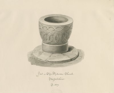 Font in Pipe Ridware Church: sepia drawing by John Buckler