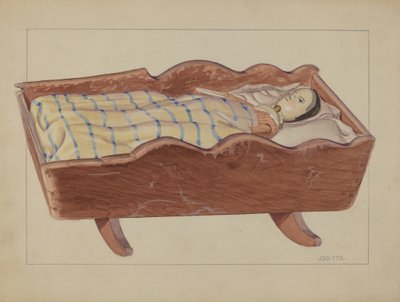 Pa. German Cradle with Doll & Coverlet by John Fisk