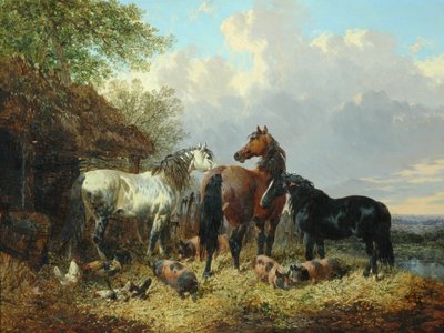 Three Horses with Pigs by John Frederick Herring Junior