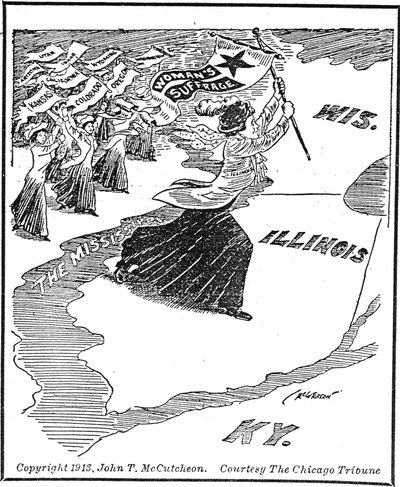 Crossing into Illinois, editorial cartoon by John Tinney McCutcheon