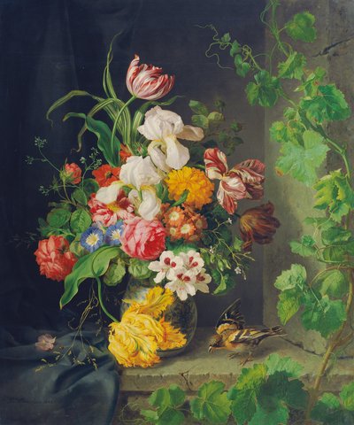 Flower Still Life with Sparrow and Vine by Josef Lauer