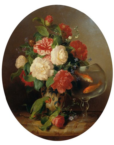 Flower Piece with Goldfish Bowl by Josef Lauer