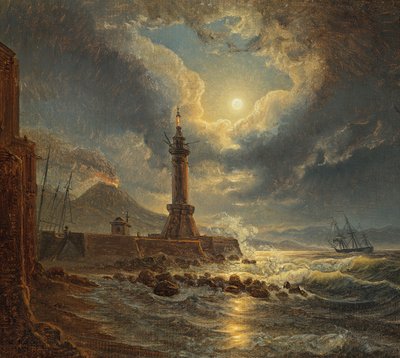 Lighthouse in the Harbor of Naples by Moonlight by Joseph Rebell