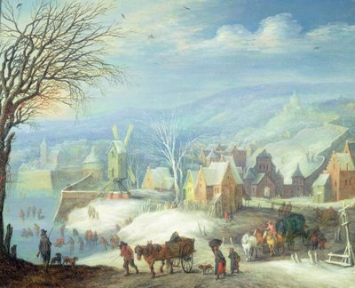 Winter landscape with numerous figures by Joseph van Bredael