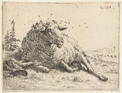 Sheep by a tree trunk by Karel Du Jardin