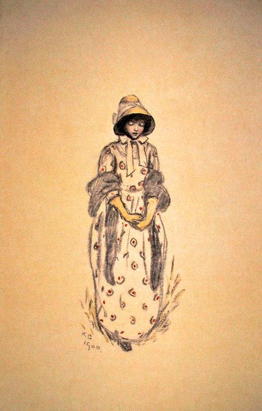 Girl in poke bonnet and shawl by Kate Greenaway