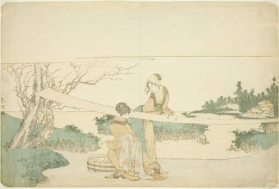 Two women stretching cloth by Katsushika Hokusai