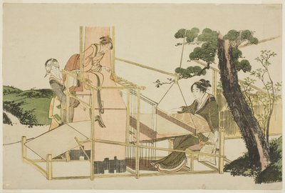 Women weaving on a loom by Katsushika Hokusai