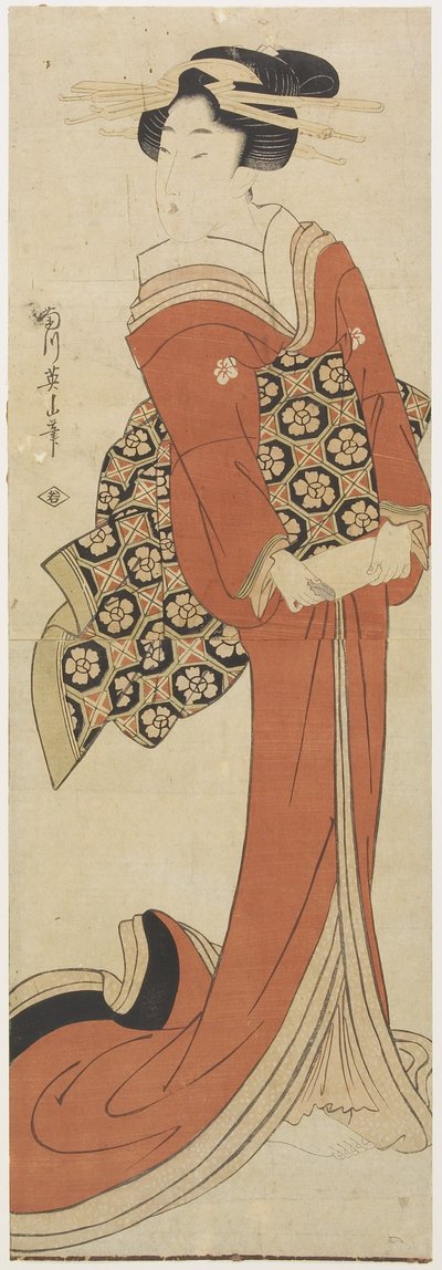 Woman Holding a Roll of Paper by Kikukawa Eizan
