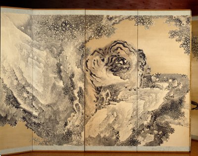 Six-Fold Screen Depicting a Roaring Tiger by Kishi Ganku