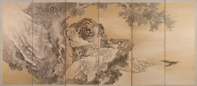 Six-Fold Screen Depicting a Roaring Tiger by Kishi Ganku