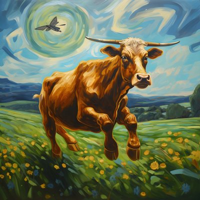 Cow Flying Over a Green Meadow 1 by Kurt Heppke